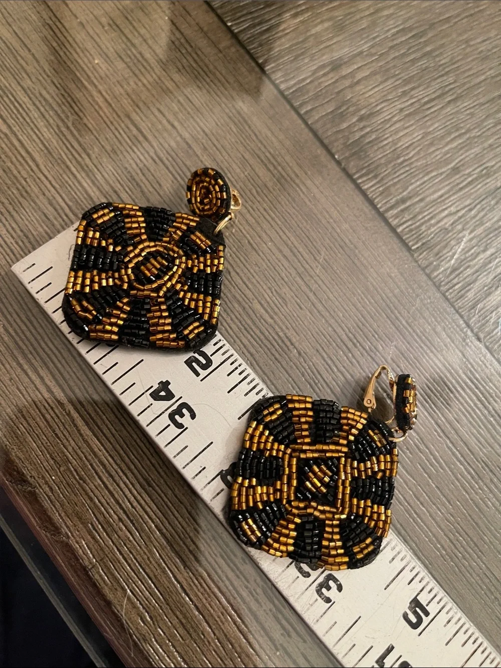 Vintage Style Square Geometric Black & Gold Seed Bead Dangle Clip Earrings